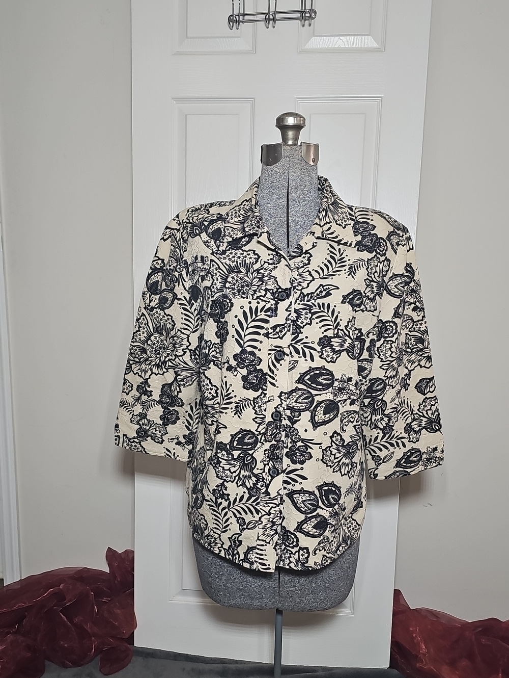 Dressbarn Shirt Jacket Button Up Tapestry Floral Collared Textured Plus Size 16W
